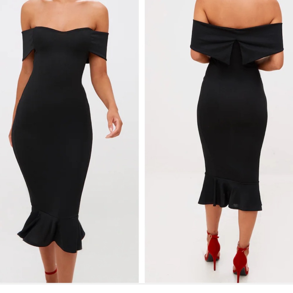 Black Bardot Frill Hem Midi Dress